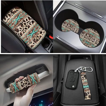17 Pcs Aztec Cow Print Car Seat Covers Full Set with Floor Mats Steering Wheel Cover Shoulder Pads Armrest Pad Keychain Roof Gloves Cup Coaster Universal - color: Aztec Cow Print