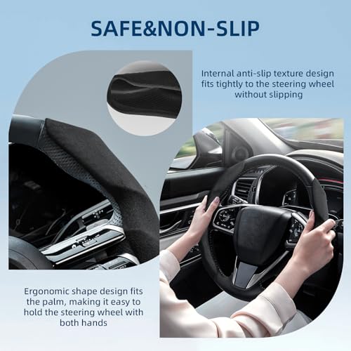 Suede Steering Wheel Cover with Anti-Slip Lining and Segmented Design 2pcs Universal Steering Wheel Protector for Men and Women, Car Interior Accessory (Suede Black)