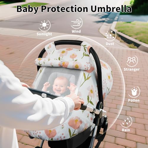 Elstey Car Seat Cover Baby, Minky Dot Carseat Covers Baby Boys Girls, Lightweight Infant Car Seat Cover Canopy with 2 Layers Breathable Mesh Windows, Stroller Carrier for Babies Newborn Essentials - color: Pink Flowers