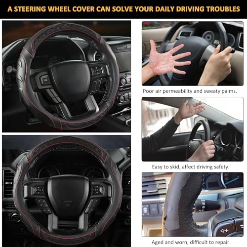 Black Seal Custom-Fit Steering Wheel Cover for Ford F-150, F-250, F-350, Expedition, 15.5–16", Anti-Slip PU Leather (Black+Red Line) - color: Black+Red Line