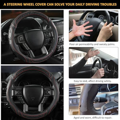 Black Seal Custom-Fit Steering Wheel Cover for Ford F-150, F-250, F-350, Expedition, 15.5–16", Anti-Slip PU Leather (Black+Red Line) - color: Black+Red Line