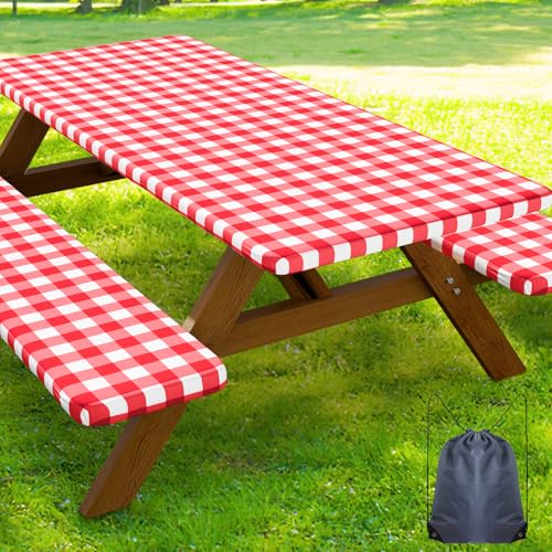 Smiry Picnic Table Cover with Bench Covers, Waterproof Elastic Fitted Tablecloths for 24x48 Rectangle Tables, Washable Buffalo Plaid Tablecloth for Camping, Outdoor (Red & White, 24" x 48") - color: Red and White, size: 24" x 48"