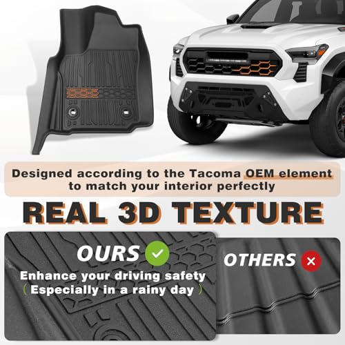 TripleAliners for Tacoma 2024 2025 2026 | Floor Mats First Row ONLY | for Double Cab & Access Cab All Weather Liners Compatible with 2024+ Toyota Tacoma Accessories (Fit Auto Trans), 2PC - size: Tacoma | Auto Trans | 2024+