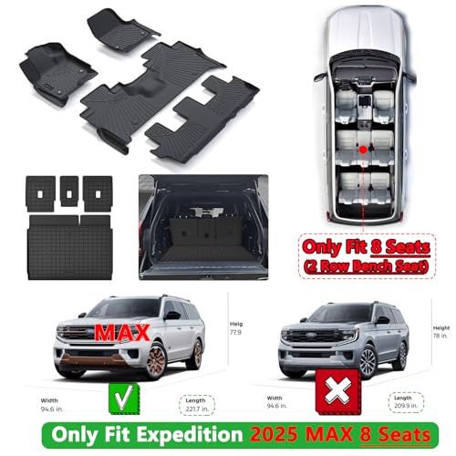 Full Set Floor Mats & Trunk Liner for 2025 Ford Expedition (Only Fit MAX 8-Seat | 2 Row Bench Seat) | TPE All-Weather Liners with Cargo Mat - Custom Fit, Non-Slip, Waterproof - size: 2015|For Expedition-MAX 8|Full Set