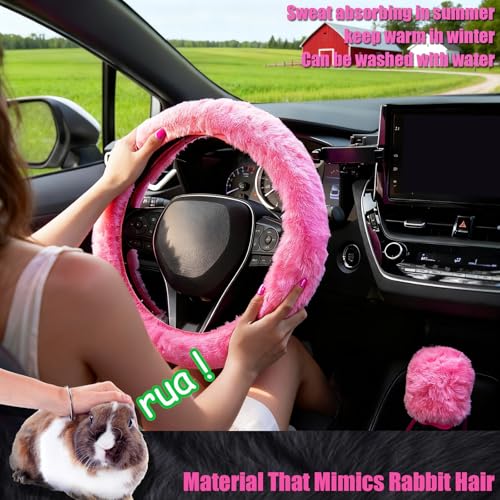 Furry Car Steering Wheel Cover, Heat Absorbing Fluffy Cover, Soft Warm Plush Non-Slip, 14 1/2-15 inch, for Women Girls, Pink - color: single cover - pink