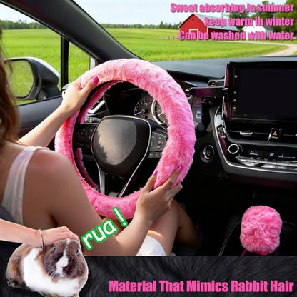 Furry Car Steering Wheel Cover with Fluffy Gear Shift Cover and Center Console Cover, Soft Warm Plush Non-Slip, 14 1/2-15 inch, for Women Girls 3 PCS Set, Pink - color: 3 pcs set - pink
