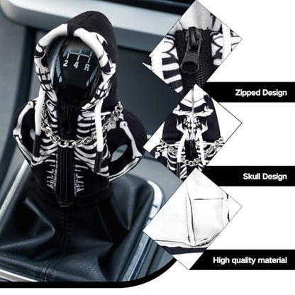 Car Gear Shift Hoodie,Halloween Skull Car Gear Shift Cover,Skeleton Shifter Hoodie with Zipper,Shift Knob Hoodie,Automotive Interior Shifter Knob Cover Decoration Accessories for SUV, Sedan, Truck