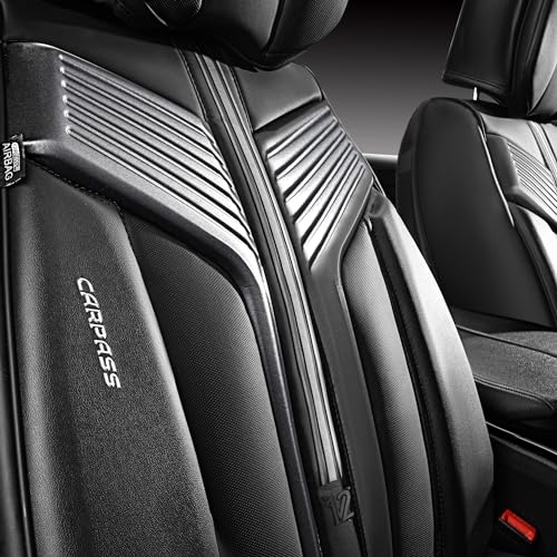 CAR PASS Nappa Leather Car Seat Covers Front Seats, Luxury Cushioned Front Seat Covers, Waterproof Drive Seats Anti-Slip Full Coverage Universal Fit for SUV Truck Sedan Automotive Black (2pcs, Black) - color: Black and Charcoal, size: Two Front Seats
