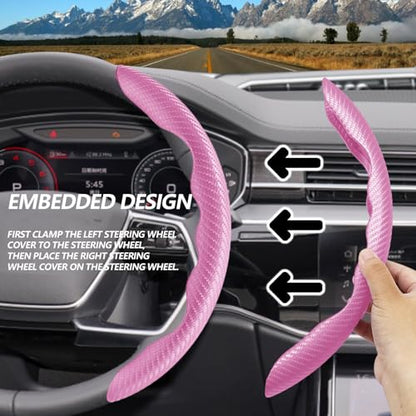 2pcs Universal Fit Carbon Fiber Steering Wheel Cover, Anti-Skid Steering Wheel Cover/Segmented Steering Wheel Protector/Car Interior Accessories (Plik) - color: Pink