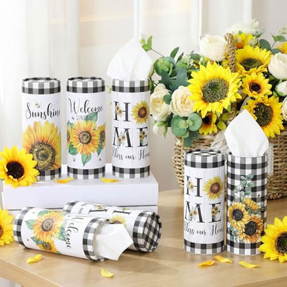 12 Pack Sunflower Tissue Boxes for Car Cylinder Bulk Black White Plaid Flower Round Cylinder Holder with 3 Ply Facial Tissues for Spring Summer Travel Bathroom Office Decoration - style: Sunflower