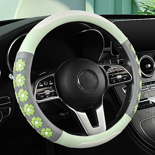 Car Steering Wheel Cover for Women Cute Flower Green Steering Wheel Cover Leather Non-Slip Fit 15 inch - color: Lime Green