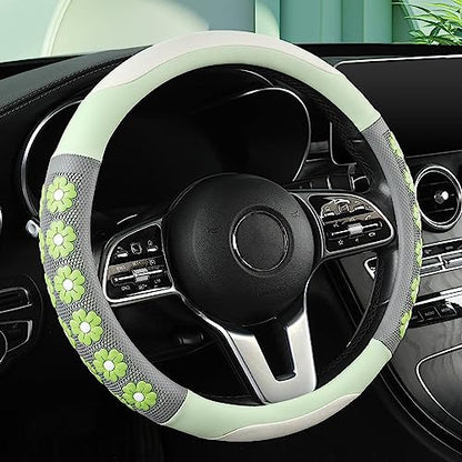 Car Steering Wheel Cover for Women Cute Flower Green Steering Wheel Cover Leather Non-Slip Fit 15 inch - color: Lime Green