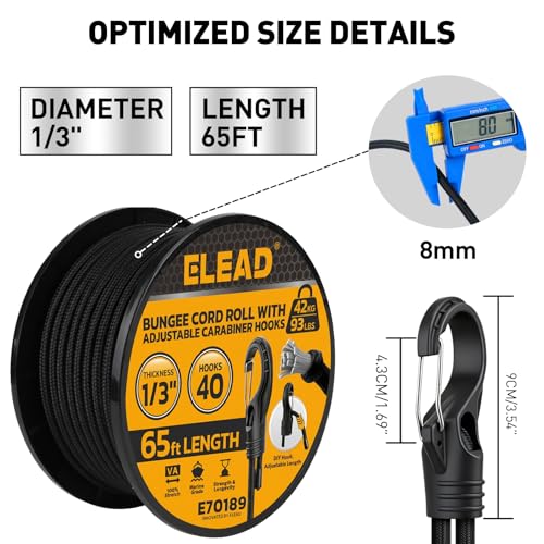 Bungee Cord Roll with 40-Piece Adjustable Hooks, 1/3" x 65ft Heavy Duty Outdoor Bungee Cords, Marine Grade Black Super Elastic Cord with Carabiner Hooks for Cargo, Camping, Bike Racks, Tents