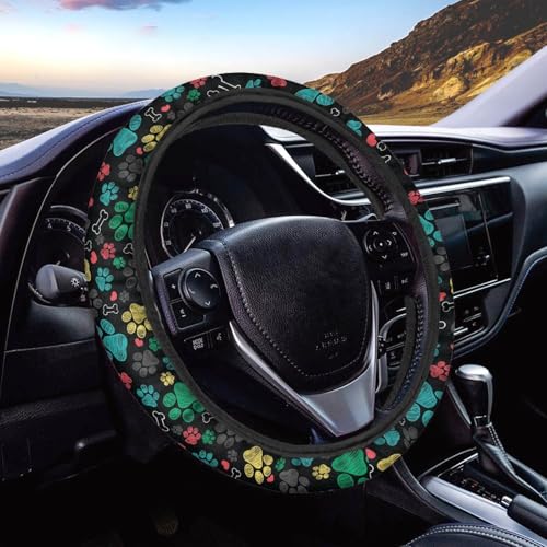 AFPANQZ Puppy Paws Print Steering Wheel Protection Stretch-on Fabric Machine Washable Women Men Neoprene Automotive Steering Wheel Covers Sweat Absorption Comfort Grip for Driver Black Colorful - color: Dog paws
