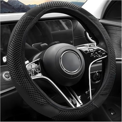 Elastic Stretch Steering Wheel Cover, Warm in Winter and Cool in Summer, Universal 15 inch Microfiber Breathable Ice Silk Anti Slip Car Interior Accessories, Odorless, (Black) - color: Black