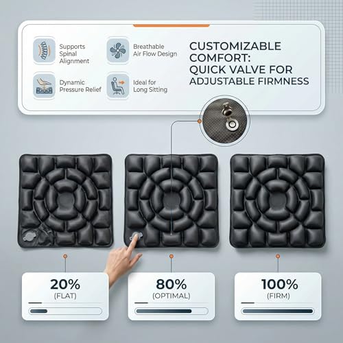 Inflatable Seat Cushion, Donut Cushion for Office Chair, Car & Wheelchair, Ergonomic Pressure Relief for Tailbone & Sciatica, Adjustable Firmness, Non-Slip Seat Pad for Long Sitting - color: Dark Black