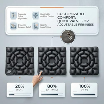 Inflatable Seat Cushion, Donut Cushion for Office Chair, Car & Wheelchair, Ergonomic Pressure Relief for Tailbone & Sciatica, Adjustable Firmness, Non-Slip Seat Pad for Long Sitting - color: Dark Black