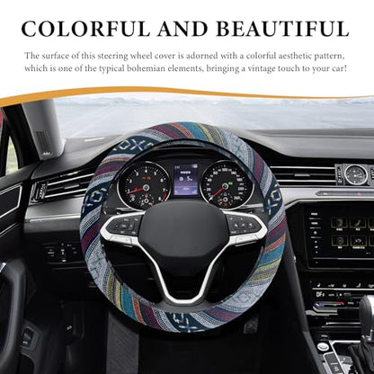 Boho Steering Wheel Cover, 15 Inch Coarse Flax Cloth Ethnic Style Anti-Slip Car Wheel Wrap, Universal Breathable Bohemian Steering Wheel Protector for Cars Vans Trucks (D) - color: D