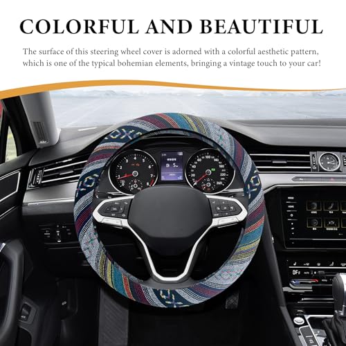 Boho Steering Wheel Cover, 15 Inch Coarse Flax Cloth Ethnic Style Anti-Slip Car Wheel Wrap, Universal Breathable Bohemian Steering Wheel Protector for Cars Vans Trucks (D) - color: D