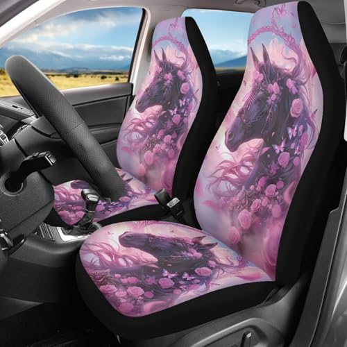 Bulopur Horse Car Seat Covers for Women 2 Front Set Anti-Slip Rose Floral Automotive Front Seat Covers Cushions Universal Fit for Car SUV Trucks - color: Horse Rose Flower
