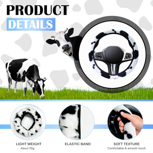 SuperKaKa 3PCS Furry Cow Print Steering Wheel Cover,Auto Plush Cute Cows Shift Gear & Hand Brake Covers Soft Warm Universal Car Interior Accessories for Women Men(Black) - color: Black