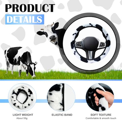SuperKaKa 3PCS Furry Cow Print Steering Wheel Cover,Auto Plush Cute Cows Shift Gear & Hand Brake Covers Soft Warm Universal Car Interior Accessories for Women Men(Black) - color: Black