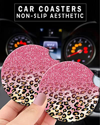 2 Pack Universal Ceramic Car Coasters Cute Pink Faux Glitter Leopard,Ceramic Stone with A Finger Notch for Easy Removal of Car Cup Holder Coaster - color: Cute Pink Faux Glitter Leopard