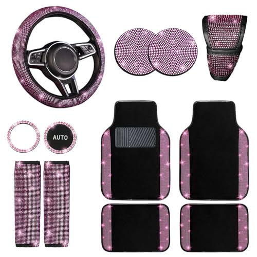 NBTEPEM 12 Pcs Bling Car Accessories Set for Women Car Floor Mats Full Set Steering Wheel Cover Seat Belt Covers Coasters Universal Fit Car SUV Truck Van Pink