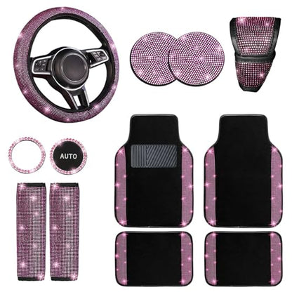 NBTEPEM 12 Pcs Bling Car Accessories Set for Women Car Floor Mats Full Set Steering Wheel Cover Seat Belt Covers Coasters Universal Fit Car SUV Truck Van Pink
