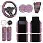 NBTEPEM 12 Pcs Bling Car Accessories Set for Women Car Floor Mats Full Set Steering Wheel Cover Seat Belt Covers Coasters Universal Fit Car SUV Truck Van Pink
