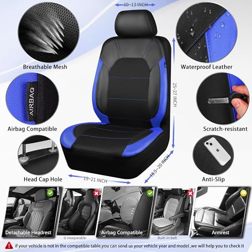 CAR PASS Leather seat Covers,Automotive Universal Sport car seat Cover Super 5mm Composite Sponge Inside,Airbag Compatible fits Most Cars, SUVs, Trucks, and Vans (Full Set,Black and Blue) - color: Black& Blue, size: Full Set