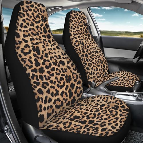UNICEU Classic Brown Leopard Car Seat Covers Front Seats Only Set of 2, Soft Comfy Vehicle Seat Protector Covers, Animal Wild Cheetah Design Auto Bucket Seat Covers, Universal