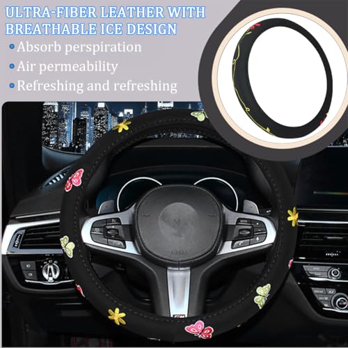 HZEL Twin Flowers Car Steering Wheel Covers, Beautiful Embroidery Non-Slip Vehicle Steering Wheel Protector with Inner Ring, Automotive Interior Protective Accessories, Universal Fit - size: Twin Flowers