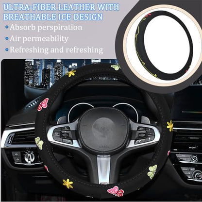 HZEL Twin Flowers Car Steering Wheel Covers, Beautiful Embroidery Non-Slip Vehicle Steering Wheel Protector with Inner Ring, Automotive Interior Protective Accessories, Universal Fit - size: Twin Flowers