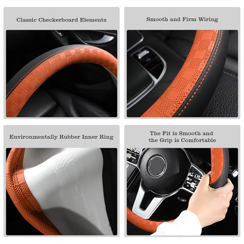 Car Leather Steering Wheel Cover - Panapi Material, Universal 14.5-15 Inch Leather Anti-Slip Breathable Auto Steering Wheel Covers for Men Women (Chessboard-Orange) - color: Chessboard-Orange