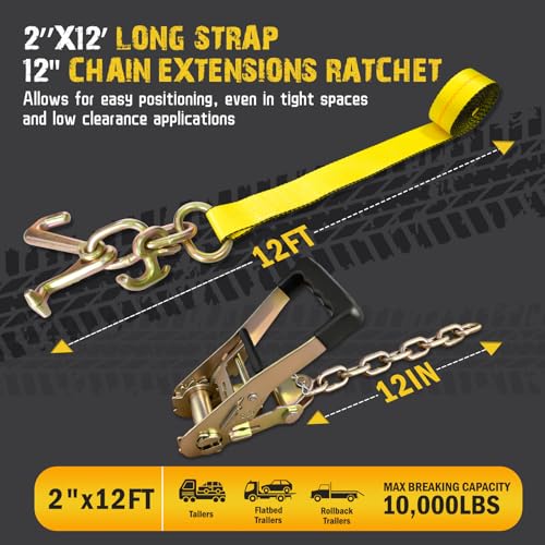 4PCs Towing Recovery Winch Strap w/RTJ Cluster Hook 2" x12', with 4PCs Ratchet Chain Tail, 10000LBS Recovery Towing Truck Straps, Towing Truck Car Trailer Winch Wrecker Tie Down Straps - size: 2"x12FT w/Ratchet(4PCs)