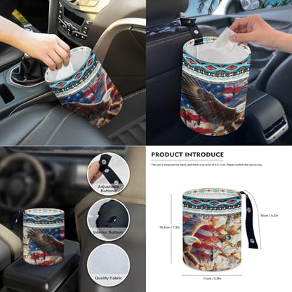 Wanyint Car Seat Covers Front Rear Full Set Steering Wheel Seat Belt Pads Coasters Waste Bin Armrest Pad Cup Holders Rearview Mirror Handbrake Cover Set, 14 Pack, Aztec Eagle American Flag - color: Aztec Eagle American Flag