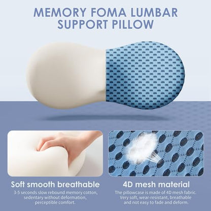 Lumbar Support Pillow, Memory Foam Lumbar Pillow for Lower Back Pain Relief, Back Support Pillow for Office Chair, Car Seat - Blue