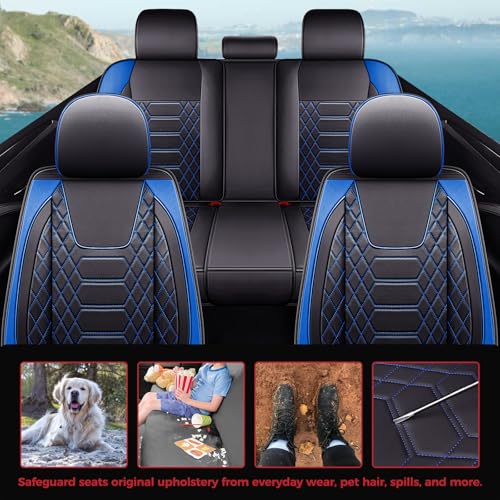 FREESOO Car Seat Covers Leather Seat Cover Full Set Automotive Seat Cover Protector Accessories Airbag Compatible Universal Fit for 5 Seats (Black Blue 8)