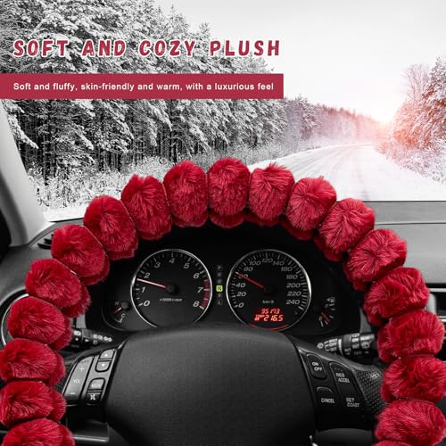 Fluffy Car Steering Wheel Cover, Soft Warm Plush Vehicle Steering Wheel Protector, 14.5-15 Inches Cute Anti-Slip Automotive Handle Cover for Women Girl, Car Accessories (Red) - color: Red