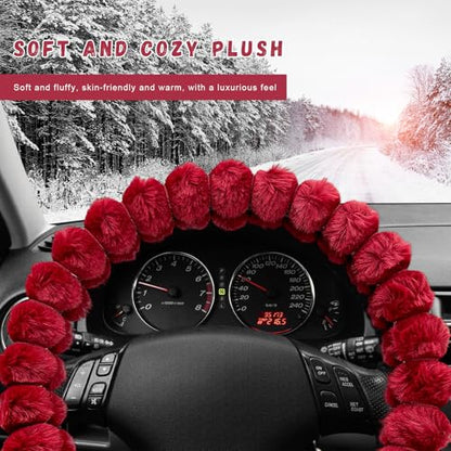 Fluffy Car Steering Wheel Cover, Soft Warm Plush Vehicle Steering Wheel Protector, 14.5-15 Inches Cute Anti-Slip Automotive Handle Cover for Women Girl, Car Accessories (Red) - color: Red