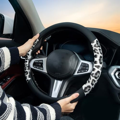 White Leopard Steering Wheel Cover Auto Leather Steering Wheel Protector, Anti-Slip, Breathable, Absorbing Sweat, Universal Leopard Car Accessories 14.5–15 inch,Fit for Most Car, Trucks, SUV - style: White Leopard