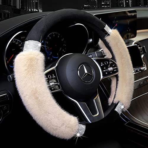 Achiou Steering Wheel Cover, Fluffy, Universal Rhinestone, Comfortable, Non-Slip Luxurious Faux Wool,Bedazzled Car Accessories for Women, Fits for 14.5 to 15 Inch - color: Black and White