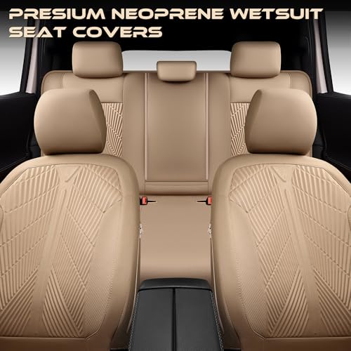 CAR PASS Waterproof Car seat Covers Full Sets Neoprene Wetsuit, All-Weather Non-Slip Durable, Universal Fit for SUV Sedans Trucks Vans Automotive, Armrest Airbag Compatible, 3D Emboss All Beige - color: ALL Beige, size: Full Set