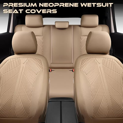 CAR PASS Waterproof Car seat Covers Full Sets Neoprene Wetsuit, All-Weather Non-Slip Durable, Universal Fit for SUV Sedans Trucks Vans Automotive, Armrest Airbag Compatible, 3D Emboss All Beige - color: ALL Beige, size: Full Set