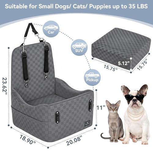 PETSFIT Dog Car Seat for Small/Medium Dogs Up to 35 lbs – Patented Safety System, 5" Memory Foam Pet Booster Car Seat, Fully Detachable and Washable Dog Carseat with 2 Storage Pockets (Grey) - color: Grey