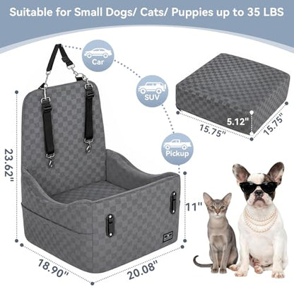 PETSFIT Dog Car Seat for Small/Medium Dogs Up to 35 lbs – Patented Safety System, 5" Memory Foam Pet Booster Car Seat, Fully Detachable and Washable Dog Carseat with 2 Storage Pockets (Grey) - color: Grey