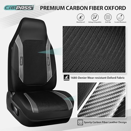 CAR PASS High Back Car Seat Cover Two Front Seats, Sporty Carbon Fiber 3D Waterproof Oxford Luxury Leather All Weather Bucket Seat Cover, Airbag Compatible Universal Fit Car Suv Sedan Truck Black Gray - color: Black and Gray