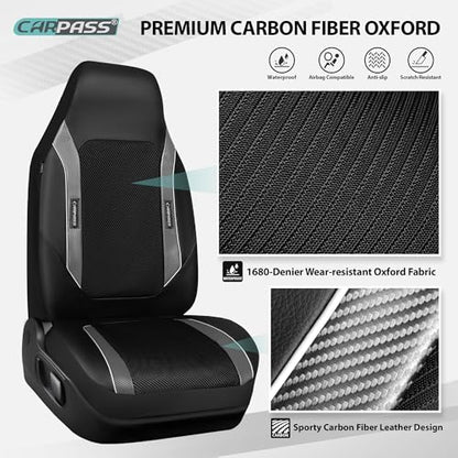 CAR PASS High Back Car Seat Cover Two Front Seats, Sporty Carbon Fiber 3D Waterproof Oxford Luxury Leather All Weather Bucket Seat Cover, Airbag Compatible Universal Fit Car Suv Sedan Truck Black Gray - color: Black and Gray