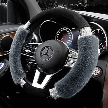 Achiou Rhinestone Fluffy Steering Wheel Cover - Comfortable Non-Slip Luxury Faux Wool, Universal Fit for 14.5" to 15" Steering Wheels - color: Black and Gray